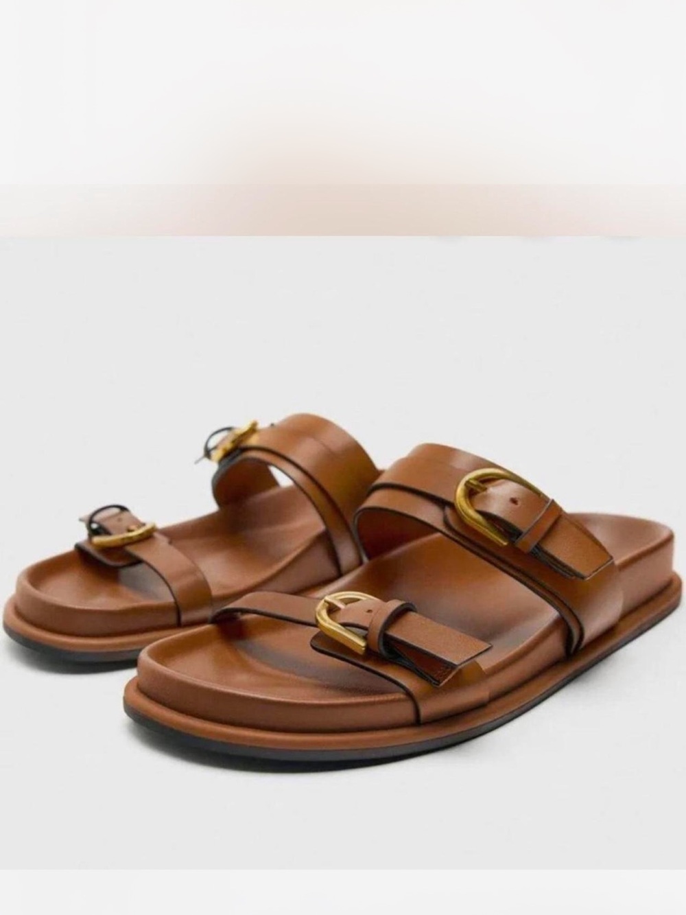 Zara Brown Leather Double-Buckle Slide Sandals 37